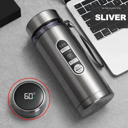 Thermos LED inox 500 ml à 1 L – Boissons chaudes & froides. Thermos isotherme inox gris avec écran LED 60°C et anse de transport
