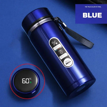 Thermos LED inox 500 ml à 1 L – Boissons chaudes & froides. Bouteille inox bleue avec affichage LED de température 60 C et sangle