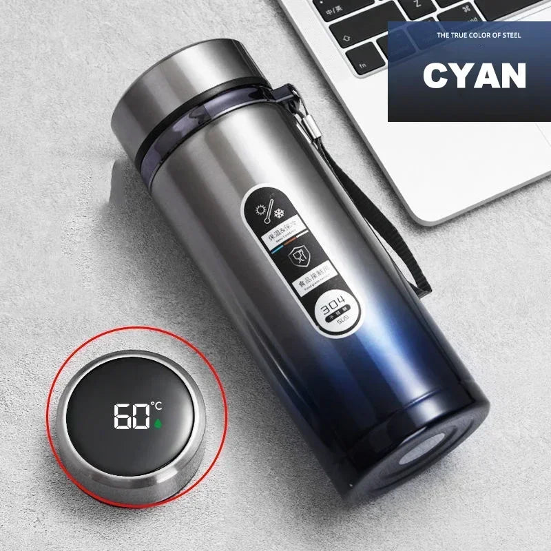 Thermos LED inox 500 ml à 1 L – Boissons chaudes & froides. Bouteille inox cyan avec couvercle LED affichant 60 C et sangle