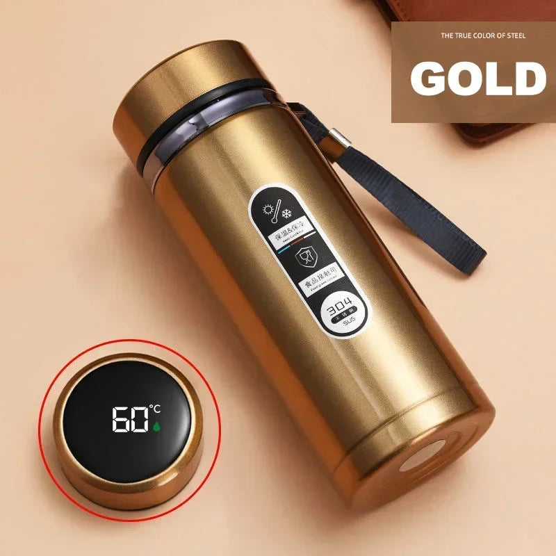 Thermos LED inox 500 ml à 1 L – Boissons chaudes & froides. Doré avec écran LED de température sur le bouchon et sangle.