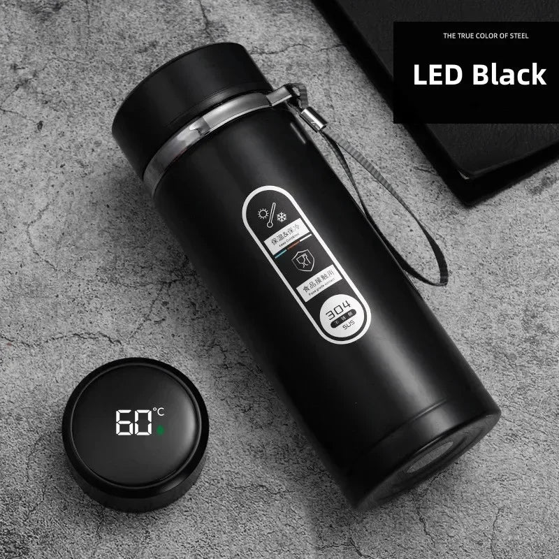 Thermos LED inox 500 ml à 1 L – Boissons chaudes & froides. Bouteille inox noire avec écran LED affichant 60°C et sangle