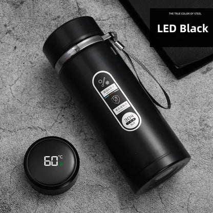 Thermos LED inox 500 ml à 1 L – Boissons chaudes & froides. Bouteille inox noire avec écran LED affichant 60°C et sangle