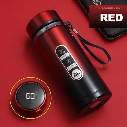 Thermos LED inox 500 ml à 1 L – Boissons chaudes & froides. Bouteille rouge inox 304 avec écran LED de température et anse.