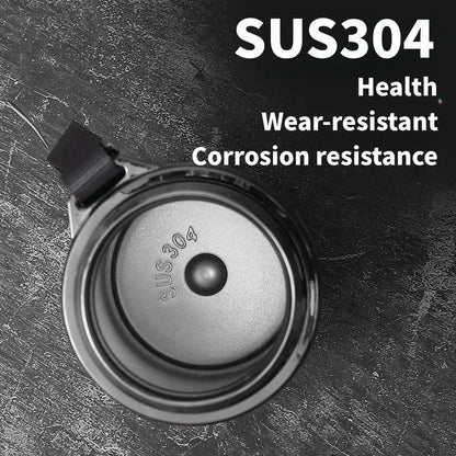 Thermos LED inox 500 ml à 1 L – Boissons chaudes & froides. Vue plongeante du bouchon intérieur en inox SUS304 sur fond sombre