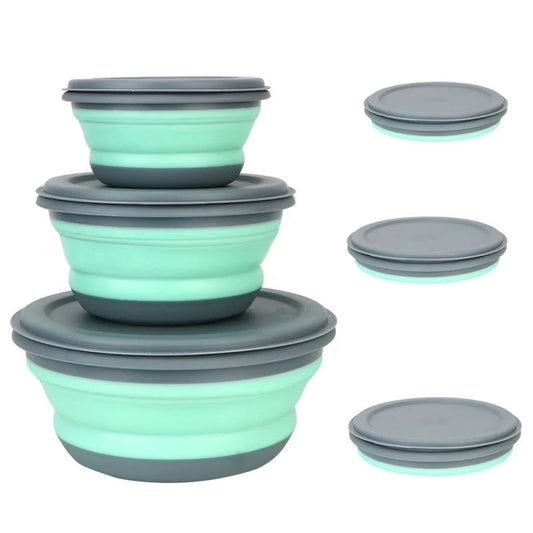 Lot de 3 Bols Pliables en Silicone avec couvercle en vert et gris, parfaits pour le rangement des aliments