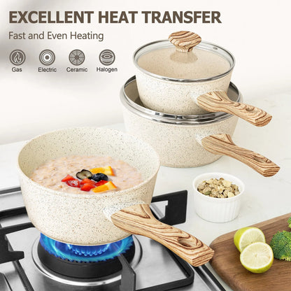 Lot de 3 casseroles antiadhésives effet granit avec couvercles, cuisson uniforme et transfert de chaleur rapide