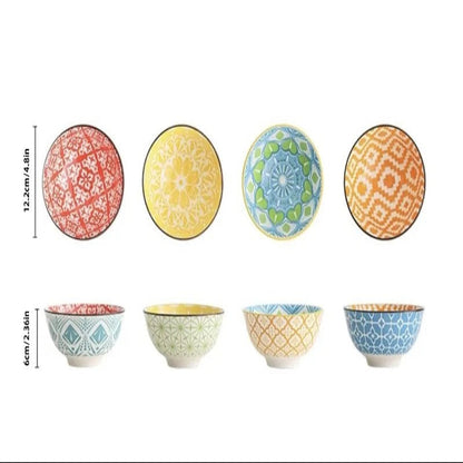 Lot de 4 Bols en Céramique Colorés avec designs variés et dimensions de 12,2 cm et 6 cm