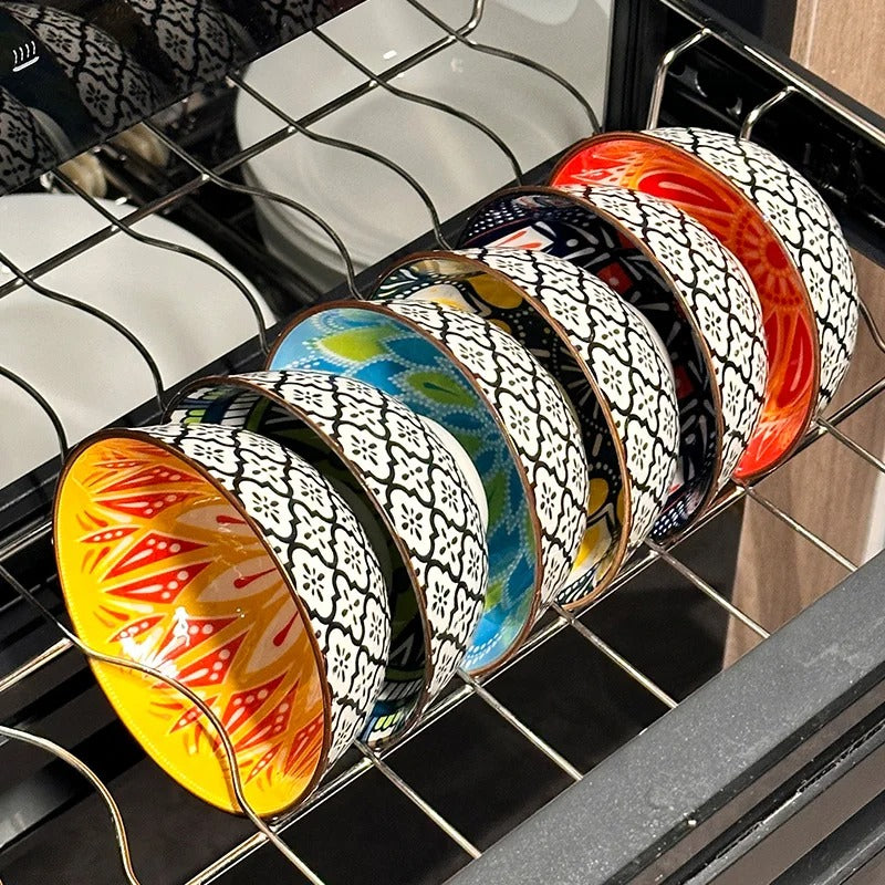 Lot de 6 Bols en Céramique Bohème colorés avec motifs élégants sur un égouttoir