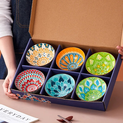 Lot de 6 Bols en Céramique Bohème aux motifs colorés, parfaits pour servir des entrées ou des desserts