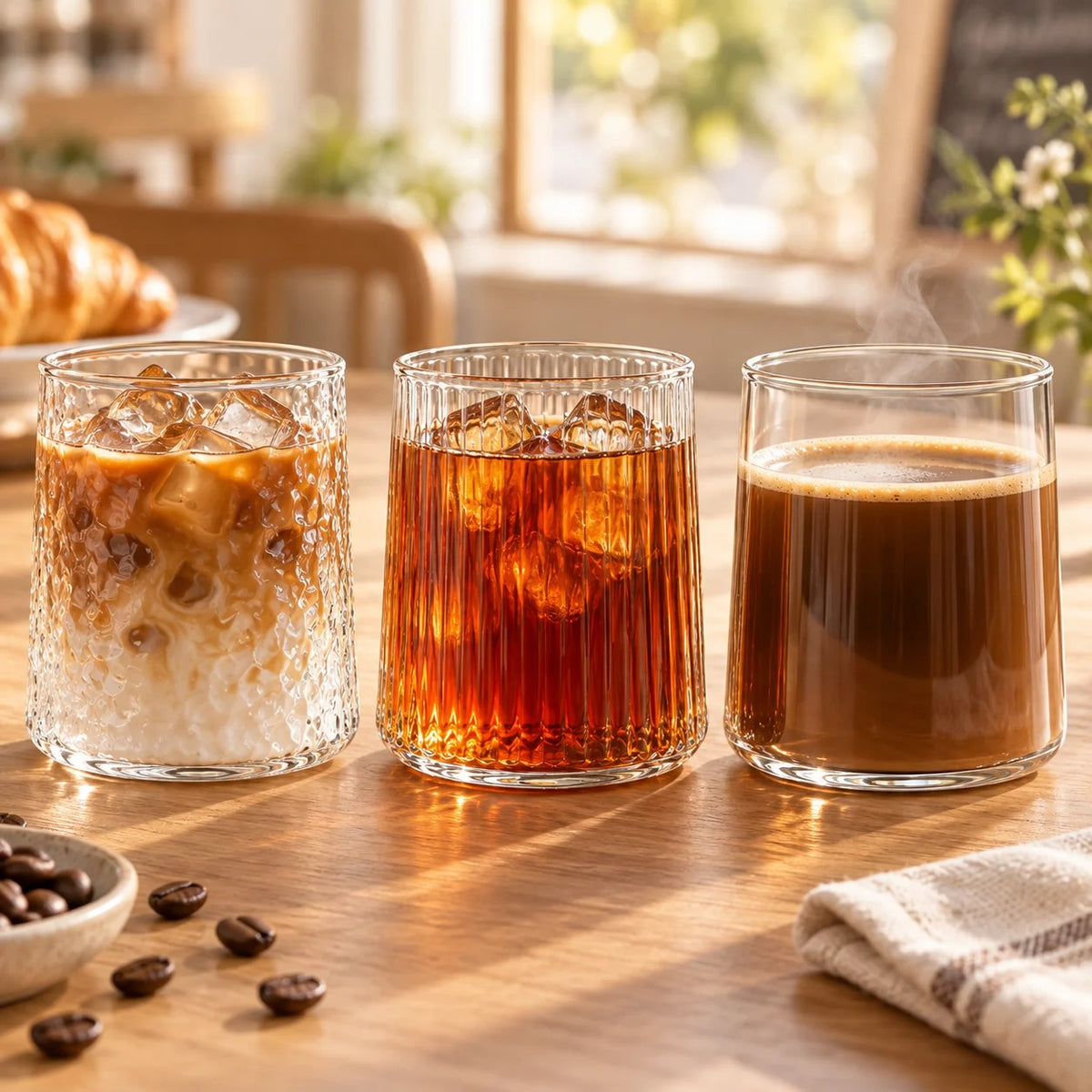 Lot de 6 verres à eau 300 ml – 3 finitions présentés sur une table en bois avec boissons glacées et chaudes