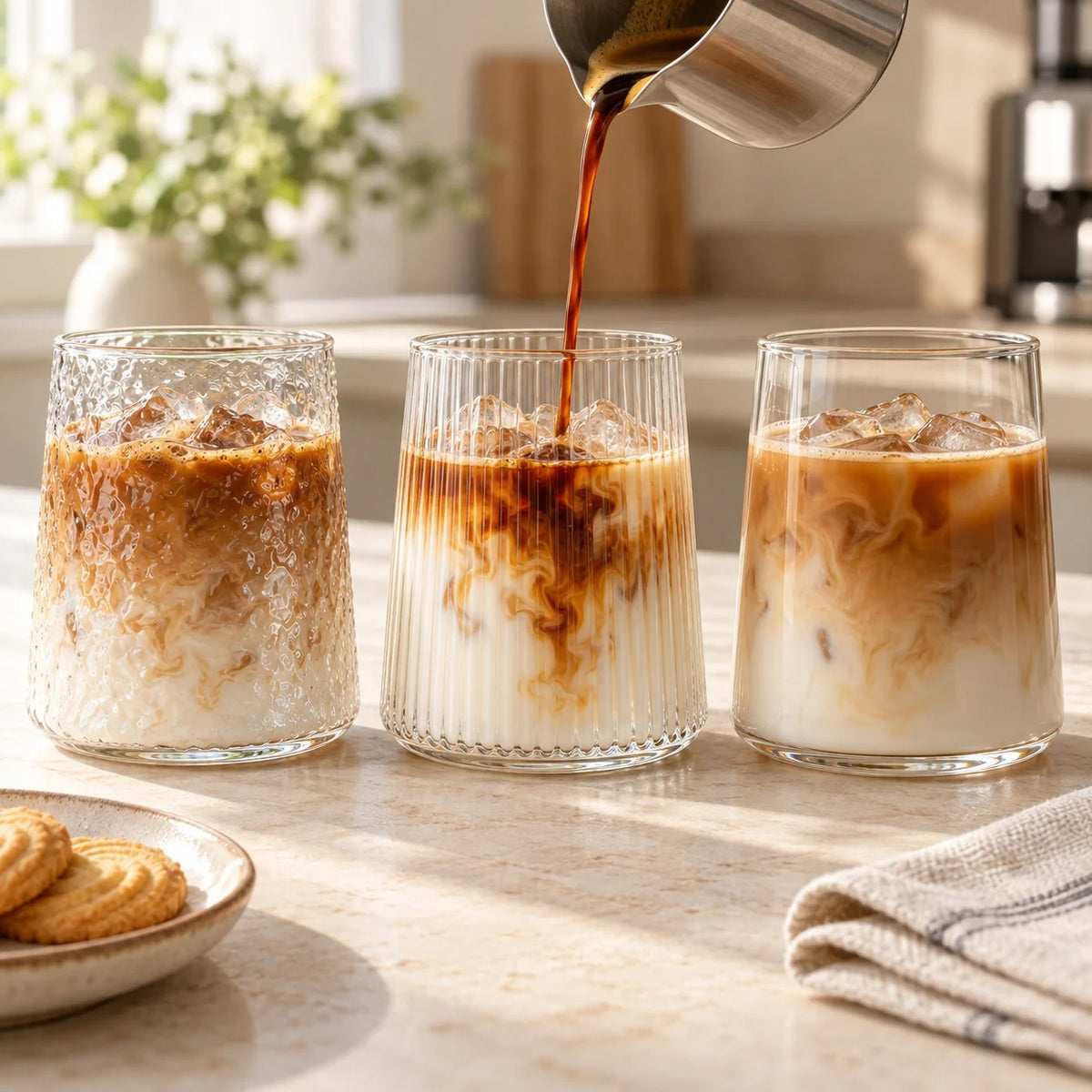 Lot de 6 verres à eau 300 ml – 3 finitions avec boissons glacées sur une table en cuisine