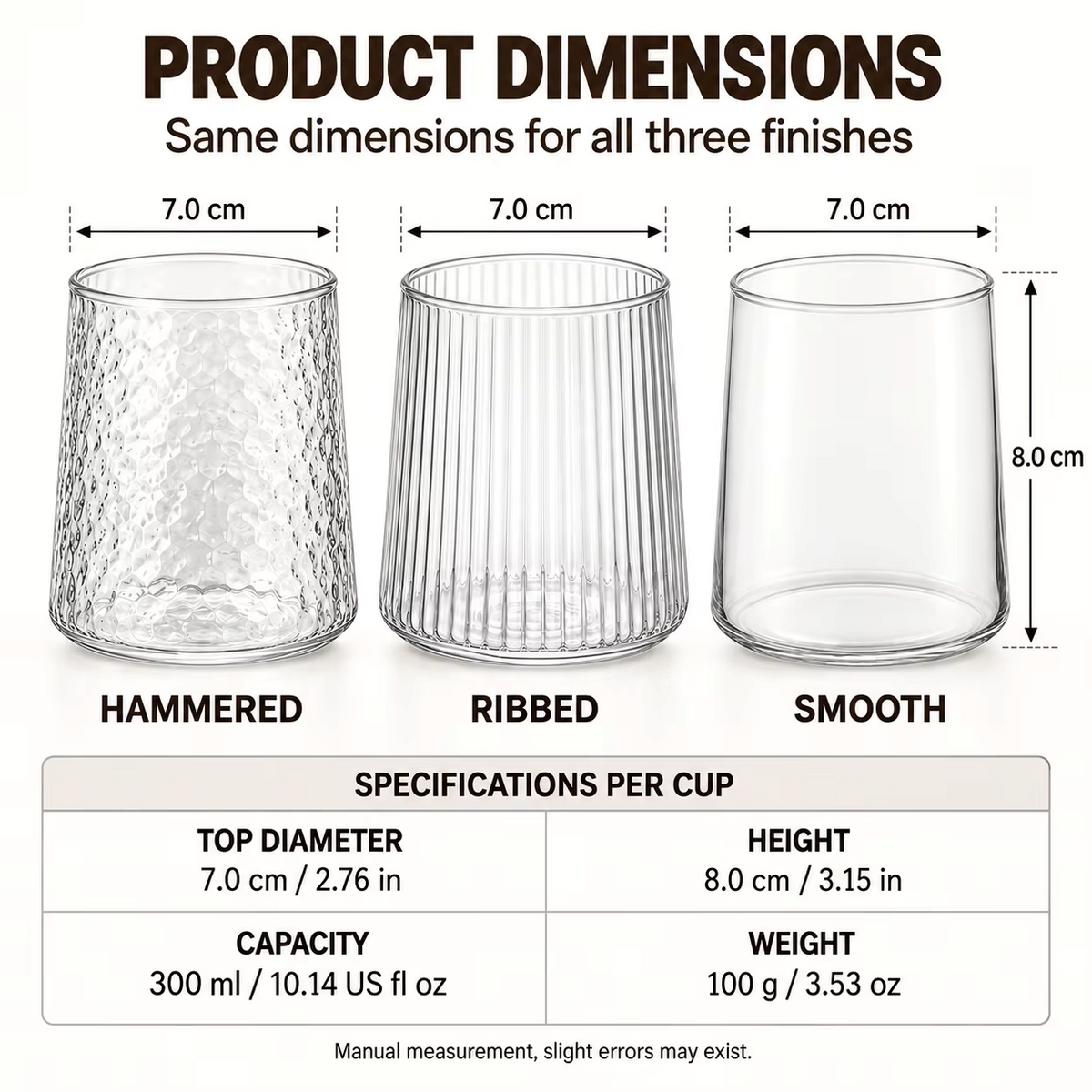 Lot de 6 verres à eau 300 ml – 3 finitions avec dimensions identiques pour chaque verre