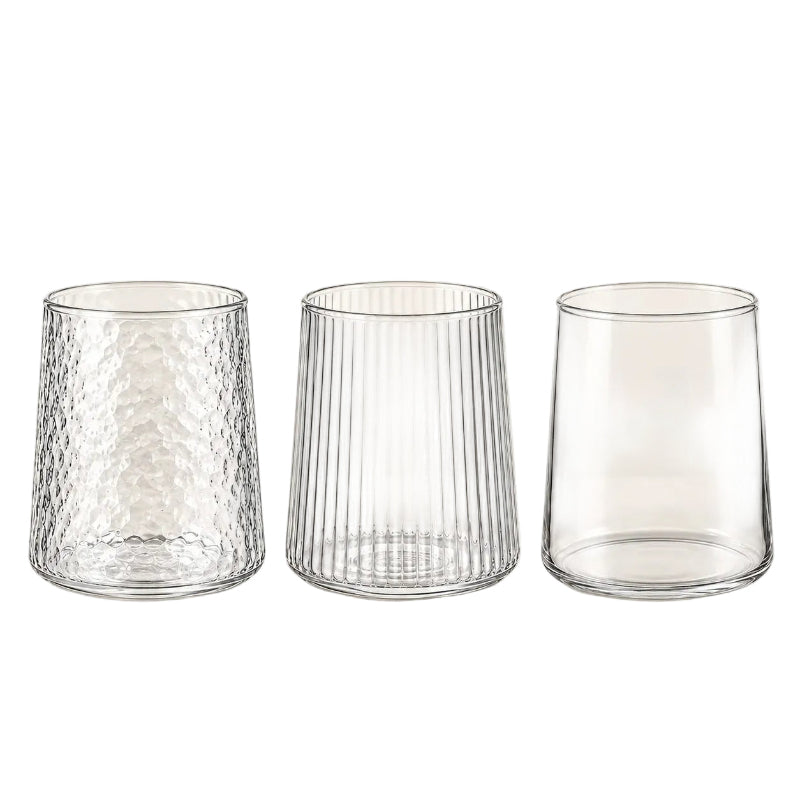 Lot de 6 verres à eau 300 ml – 3 finitions en verre avec designs variés pour tables élégantes