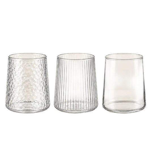 Lot de 6 verres à eau 300 ml – 3 finitions en verre avec designs variés pour tables élégantes