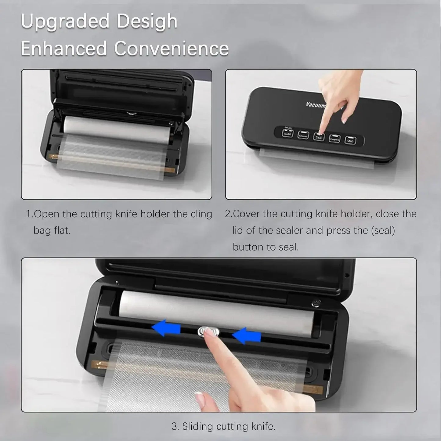 Machine de Scellage Sous Vide Sec/Humide avec Kit de Démarrage montrant des étapes d'utilisation et un design amélioré