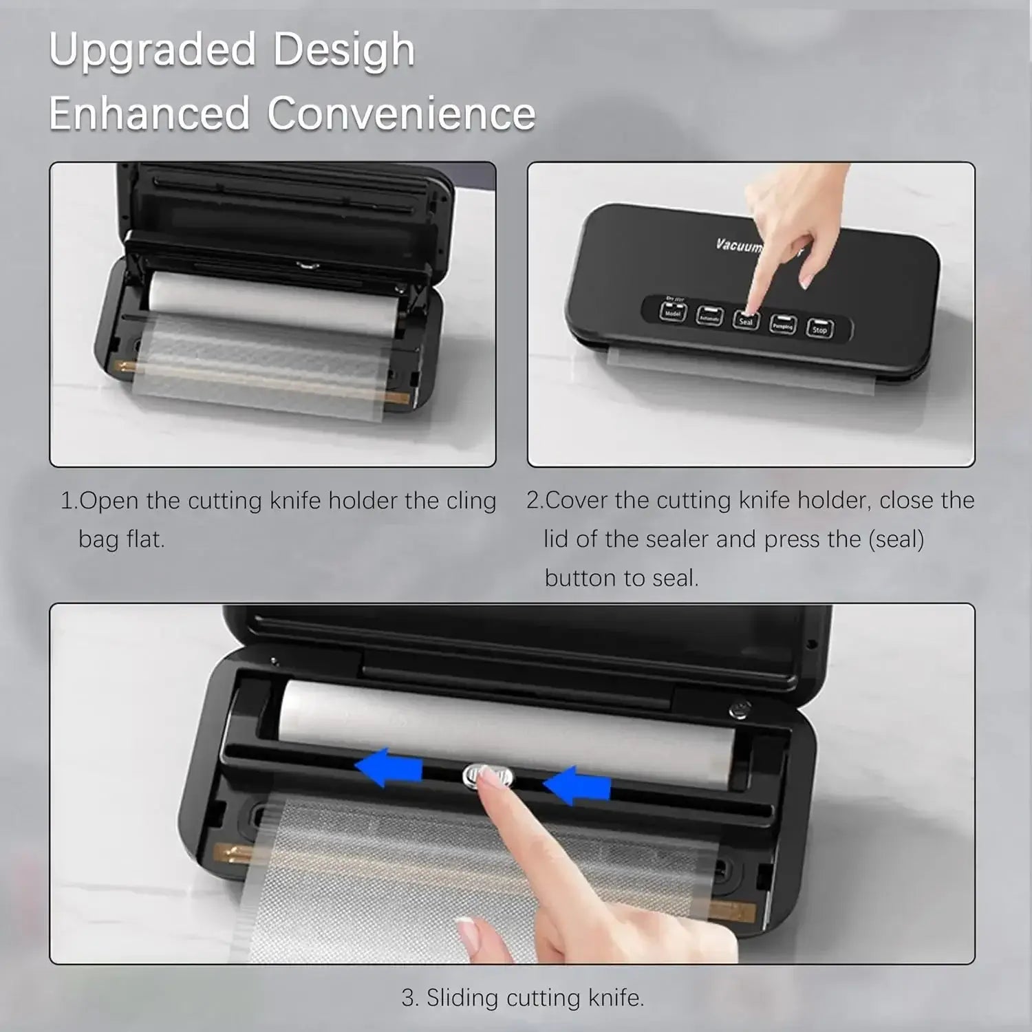 Machine de Scellage Sous Vide Sec/Humide avec Kit de Démarrage montrant des étapes d'utilisation et un design amélioré