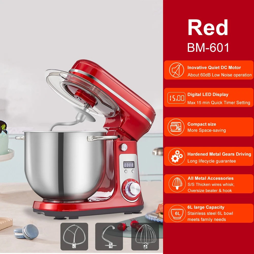 Robot pâtissier 6L 1200W puissant silencieux pour pâte à pain, pizza et pâtisserie maison en rouge avec affichage LED