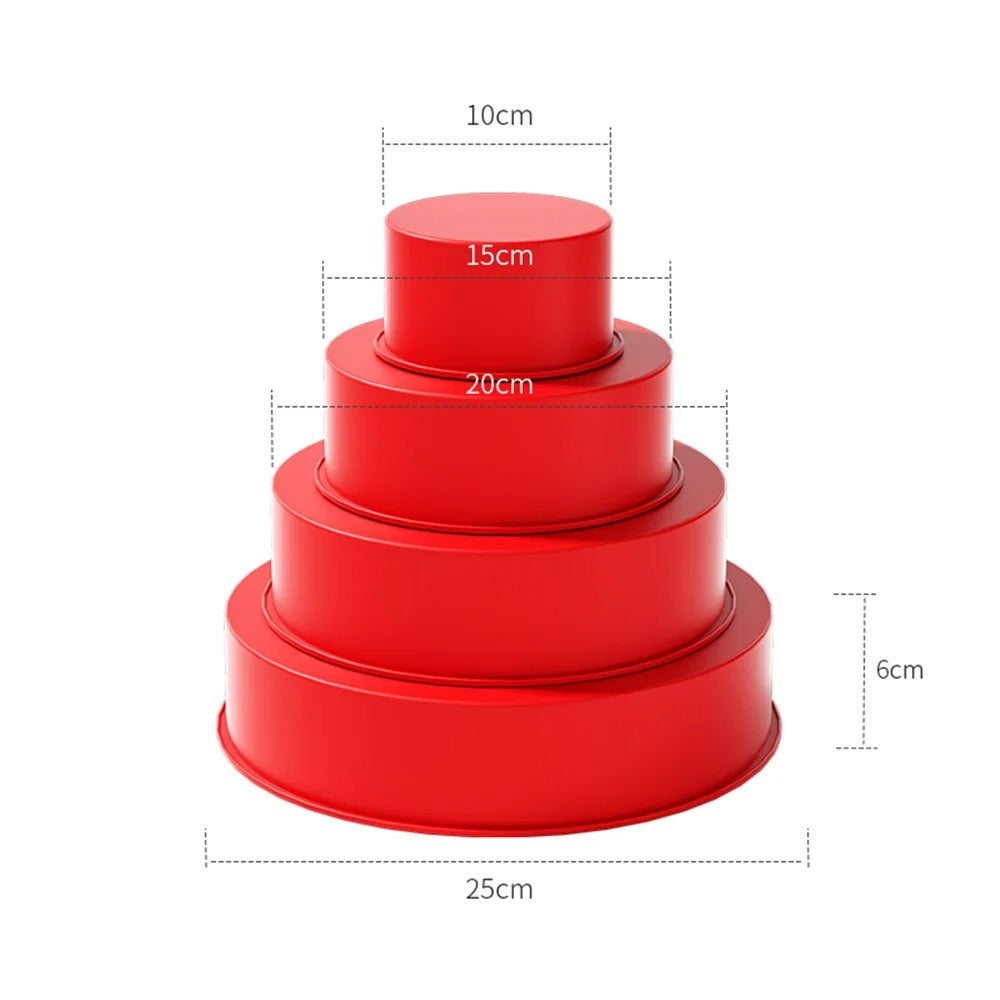 Ensemble de moules à gâteau Rond empilés en rouge, idéaux pour des créations pâtissières élégantes