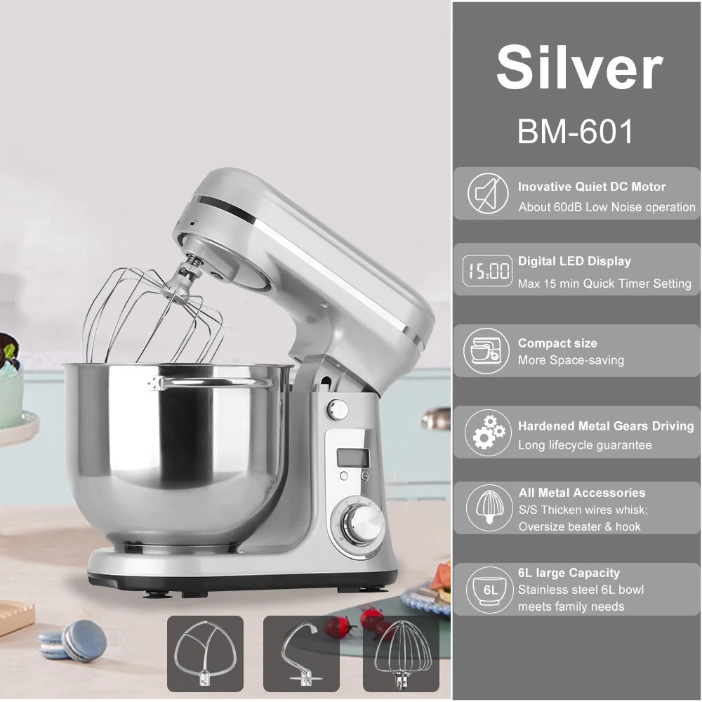 Robot pâtissier 6L 1200W puissant silencieux pour pâte à pain, pizza et pâtisserie maison en inox avec accessoires