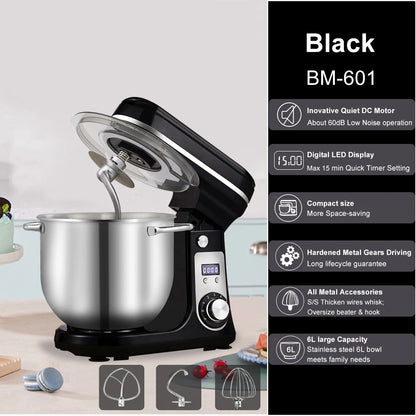 Robot pâtissier 6L 1200W puissant silencieux pour pâte à pain, pizza et pâtisserie maison avec affichage LED