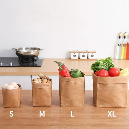 Sacs Kraft Lavables Réutilisables Rangement Écologique pour organiser fruits et légumes sur un plan de travail