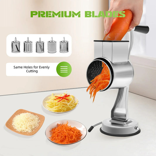 Râpe Rotative Manuelle avec 5 Lames Inox – Coupe-Légumes Multifonction Sécurisé