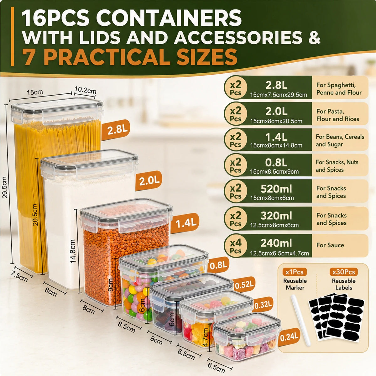 HUTHIM 16-piece Storage Container Set + Pen &amp; Labels