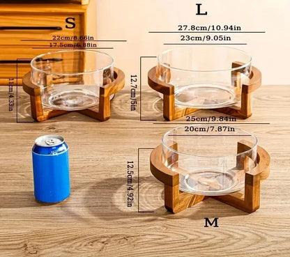 Bol à Salade en Verre avec Base en Bois Élégante, disponible en tailles S, M et L sur une table