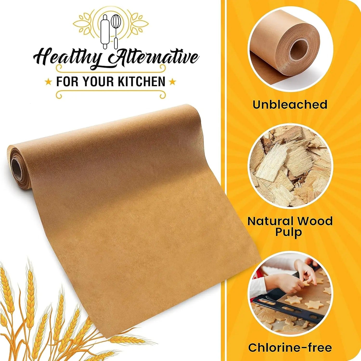 Rouleau de papier cuisson antiadhésif alimentaire en couleur naturelle sans chlore, parfait pour la cuisson.