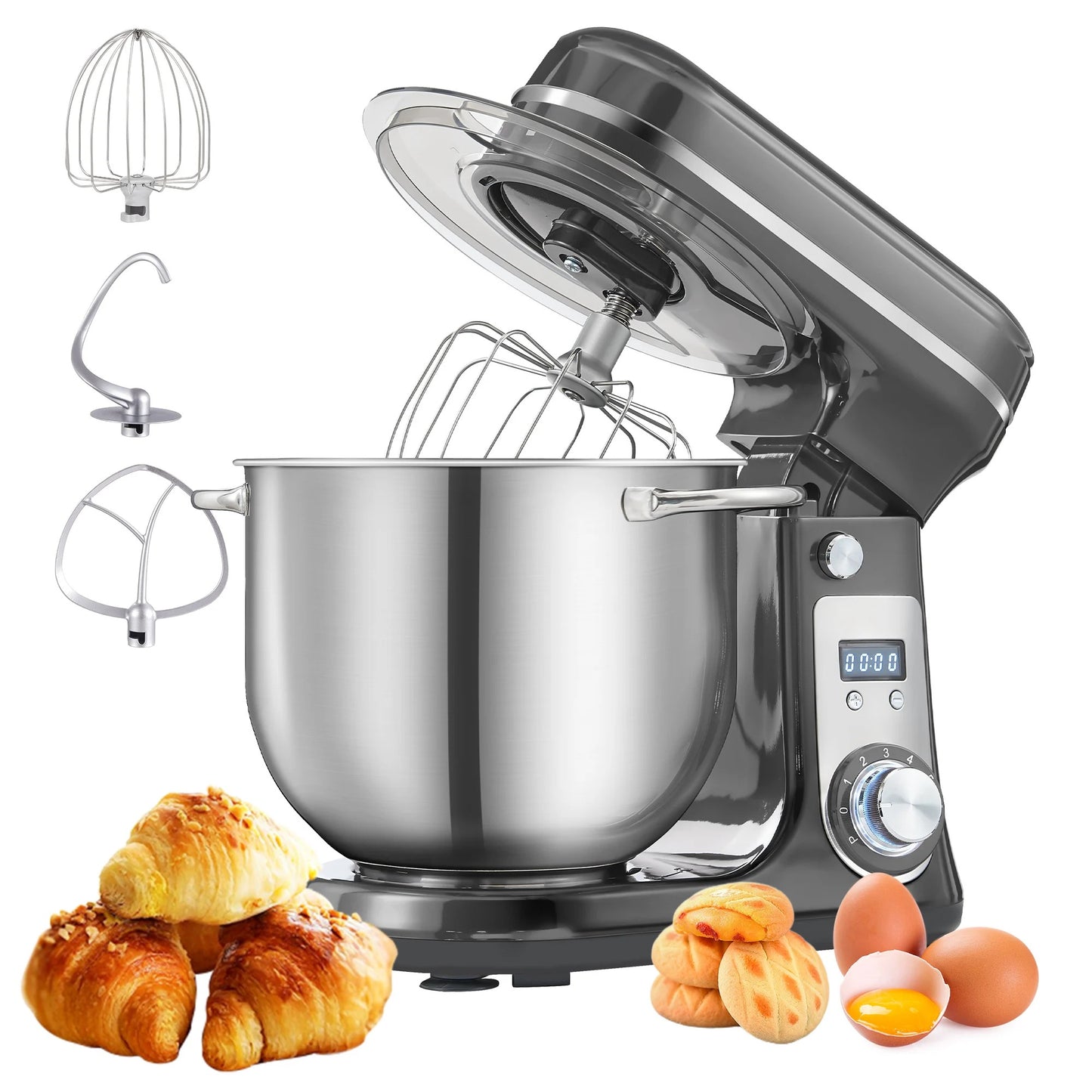 Robot pâtissier 6L 1200W puissant silencieux pour pâte à pain, pizza et pâtisserie maison avec accessoires et aliments