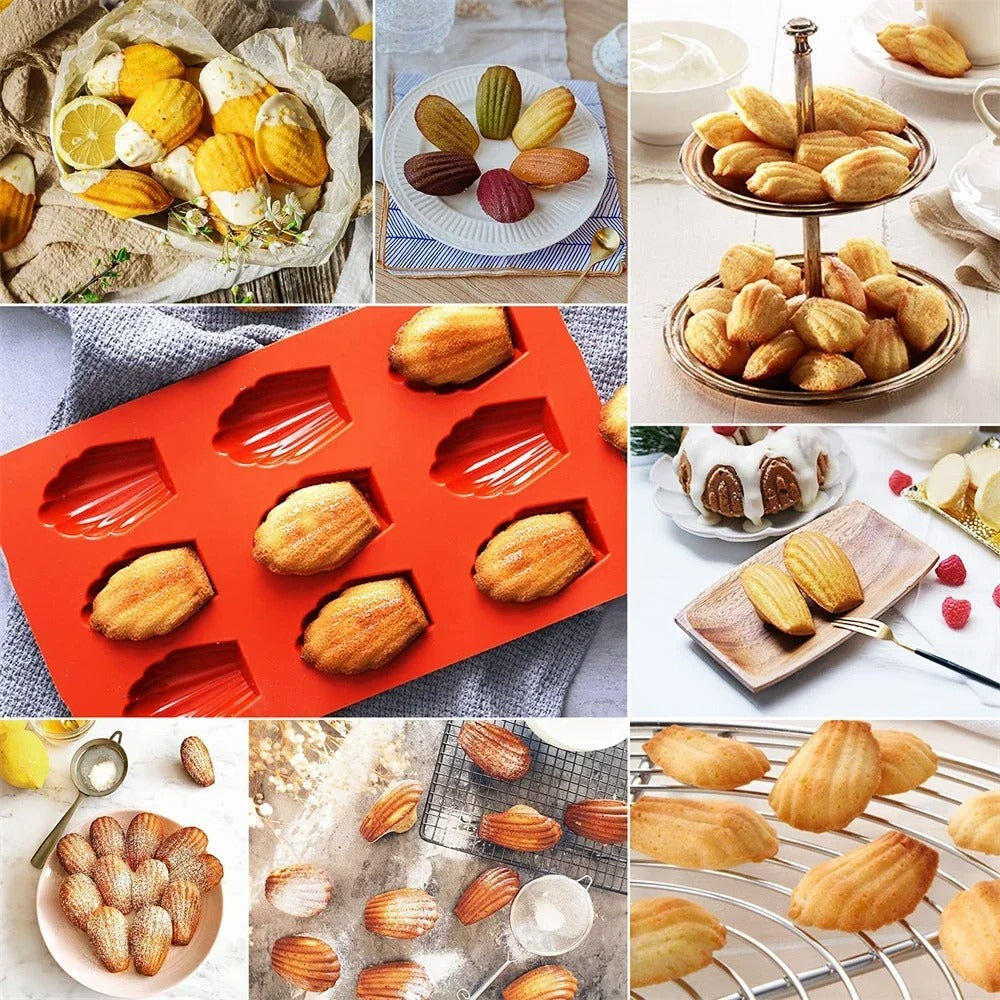 Moule à Madeleines en Silicone orange avec des madeleines dorées prêtes à déguster