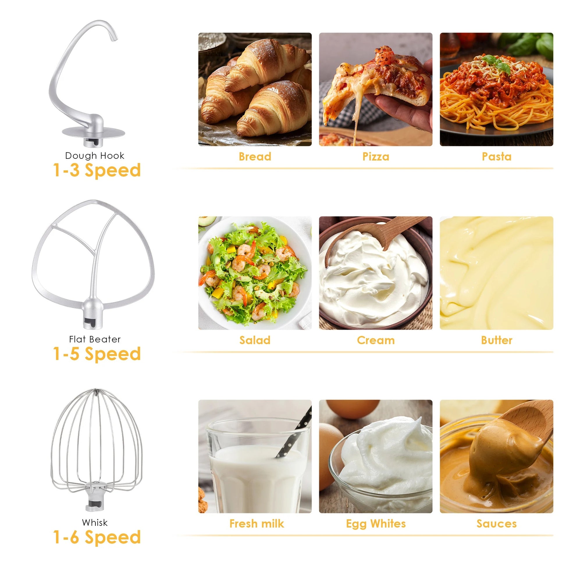 Robot pâtissier 6L 1200W puissant silencieux pour pâte à pain, pizza et pâtisserie maison avec divers accessoires.