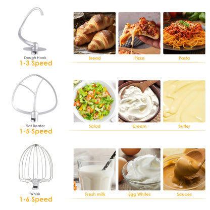 Robot pâtissier 6L 1200W puissant silencieux pour pâte à pain, pizza et pâtisserie maison avec divers accessoires.