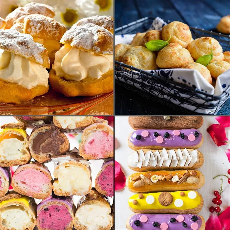 Douille à Garnir en Inox pour Choux et Éclairs avec des pâtisseries délicieuses sur une table
