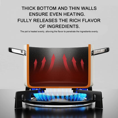 Marmite Céramique Antiadhésive 26 cm avec Panier Vapeur montrant un fond épais sur une flamme de cuisinière