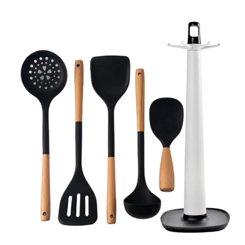 Ustensiles de cuisine en silicone 6 pièces - Résistants à la chaleur avec poignées en bois pour la cuisson