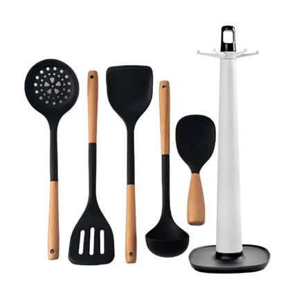 Ustensiles de cuisine en silicone 6 pièces - Résistants à la chaleur avec poignées en bois pour la cuisson