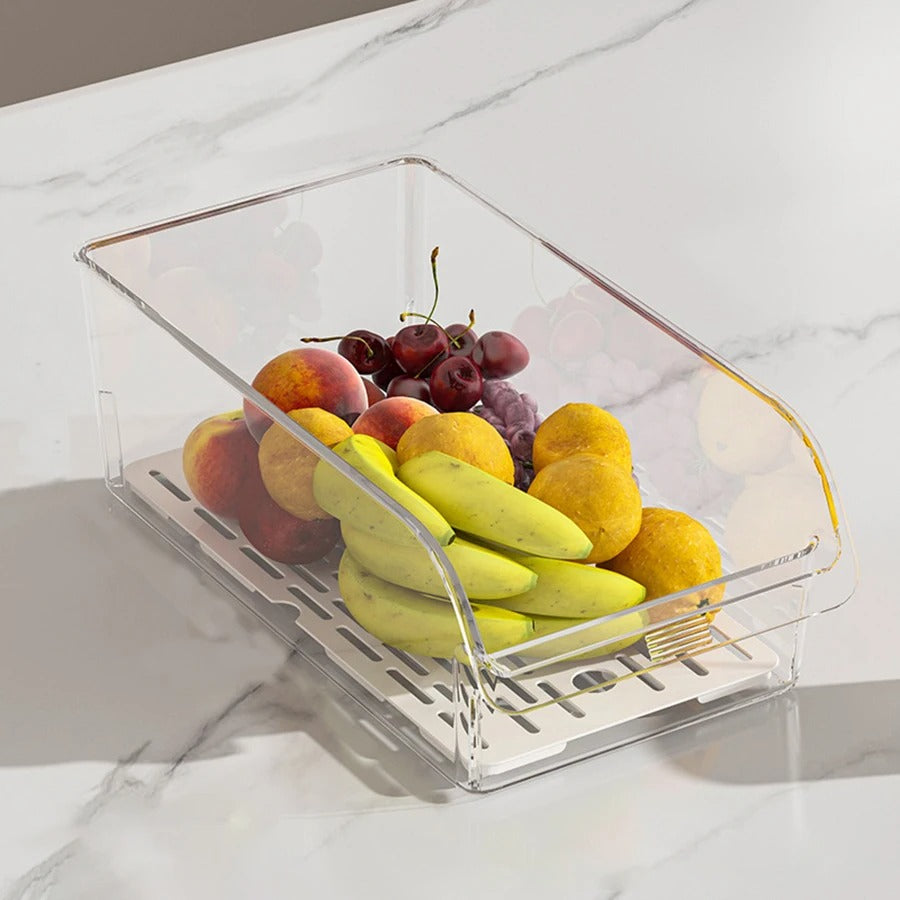 Bac de rangement pour réfrigérateur transparent 30 cm avec fruits variés comme des pommes et des bananes