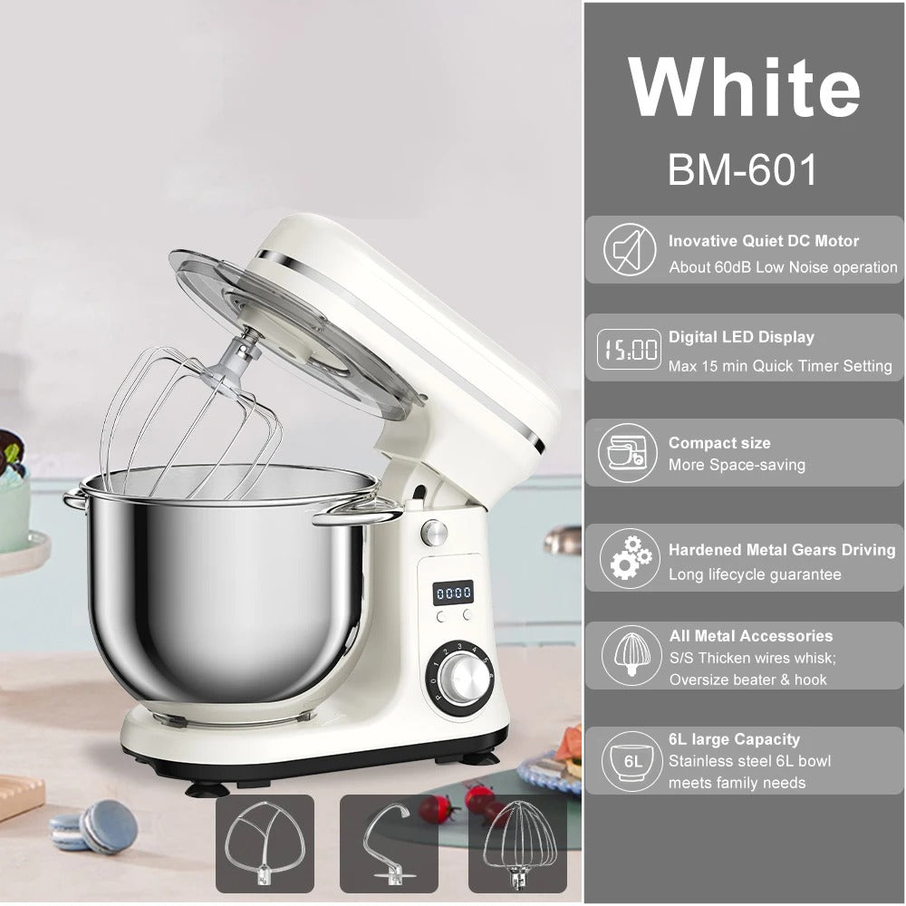 Robot pâtissier 6L 1200W puissant silencieux pour pâte à pain, pizza et pâtisserie maison avec moteur silencieux