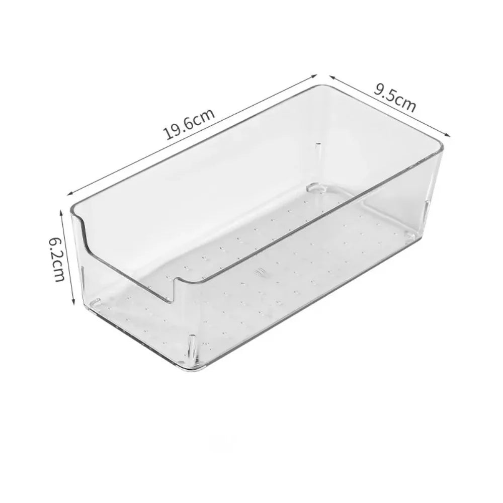 Boîte de rangement frigo – Organisation et fraîcheur. Boîte transparente 19,6x9,5x6,2 cm avec encoche frontale et trous