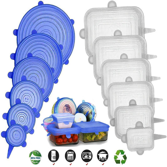 Couvercles Silicone Étanches – 6 / 12 pièces Réutilisables. Lot de couvercles extensibles bleus et transparents pour contenants