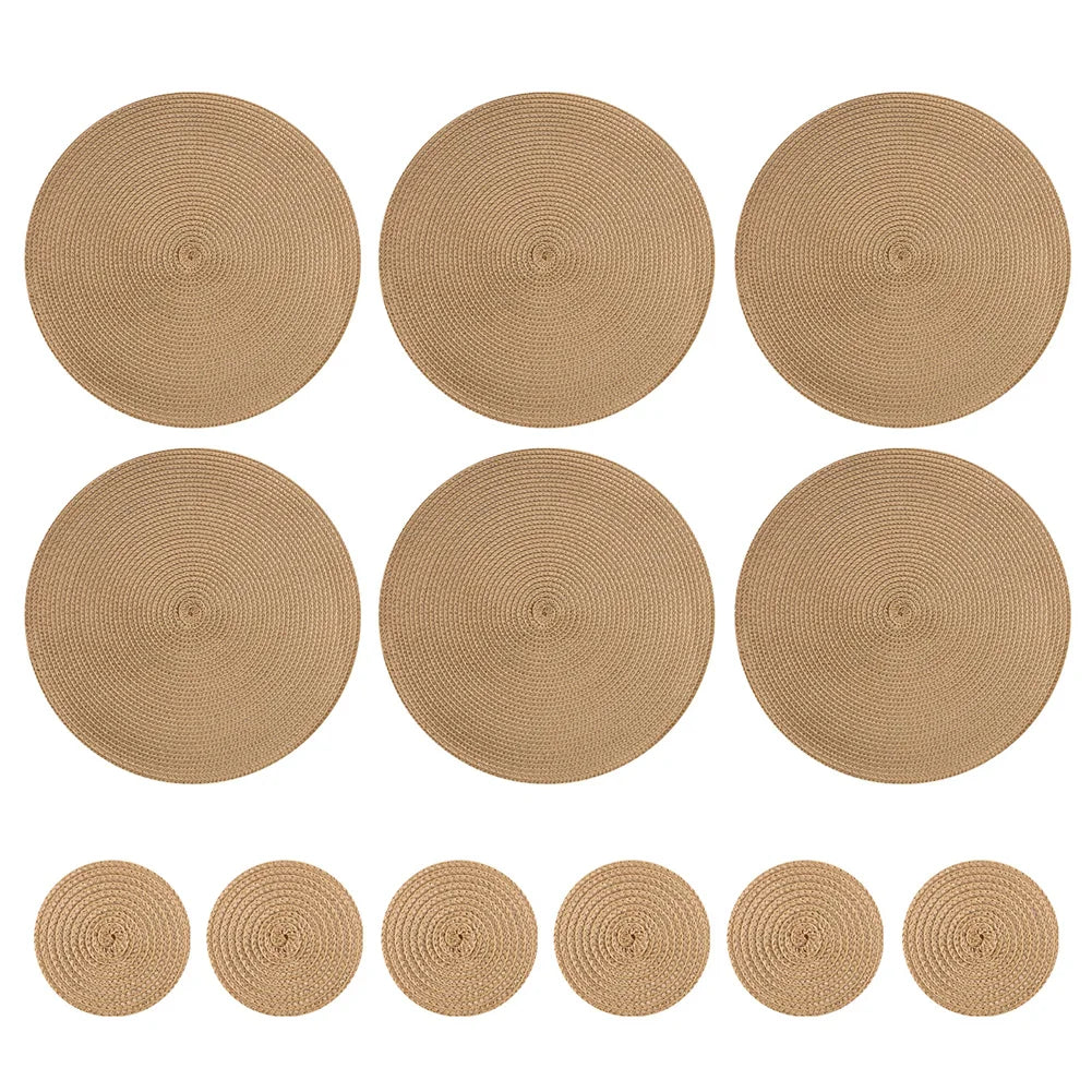Set 6 Napperons & 6 Dessous de Verre – Tressé, Moderne. Six grands napperons ronds et six dessous de verre tressés beige naturel