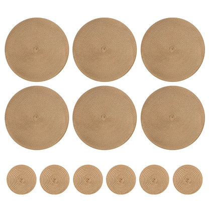 Set 6 Napperons & 6 Dessous de Verre – Tressé, Moderne. Six grands napperons ronds et six dessous de verre tressés beige naturel
