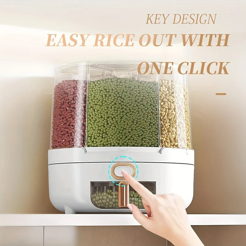 Main appuyant sur bouton d'un Distributeur de Grains Multi-sections – Organisation Cuisine blanc à 3 compartiments