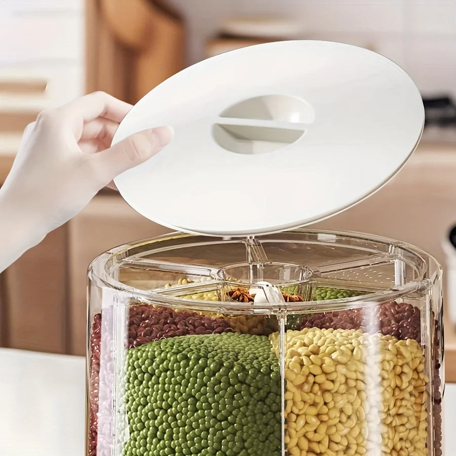 Distributeur de Grains Multi-sections – Organisation Cuisine bocal transparent 4 compartiments rempli de pois et haricots