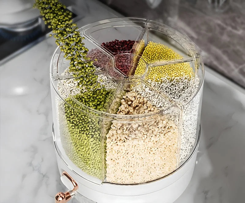 Distributeur de Grains Multi-sections – Organisation Cuisine transparent 6 compartiments rempli de riz, lentilles et graines
