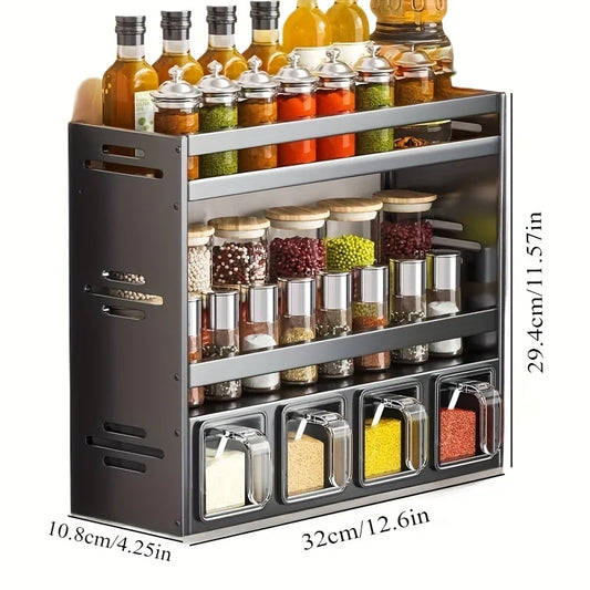 Étagère à épices murale alu – Rangement malin sans perçage. Support 3 niveaux en alu gris pour bocaux et bouteilles