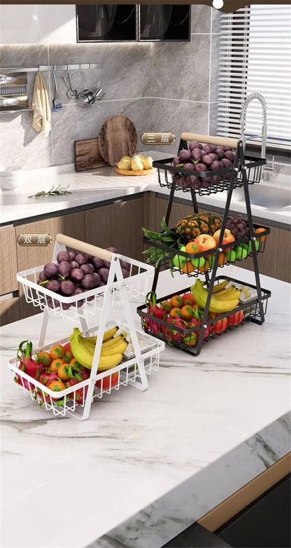 Panier fruits 2/3 étages pliable – rangement cuisine décoratif en métal noir et blanc avec fruits sur plan de travail