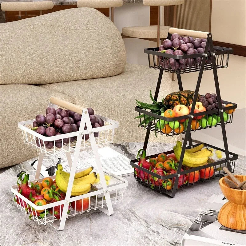 Panier fruits 2/3 étages pliable – rangement cuisine décoratif, support pliant noir et blanc rempli de fruits