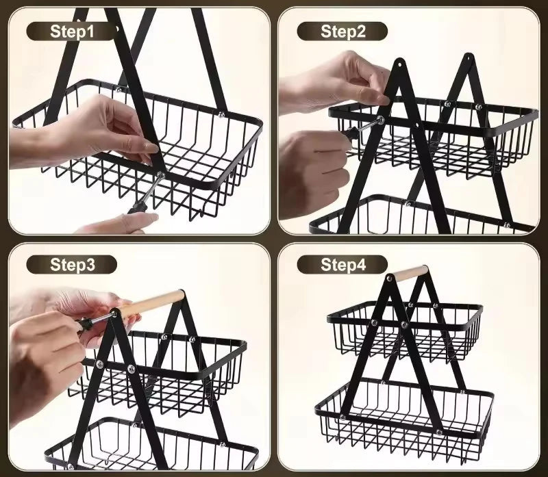 Montage en 4 étapes d'un Panier fruits 2/3 étages pliable – rangement cuisine décoratif en métal noir avec poignée bois